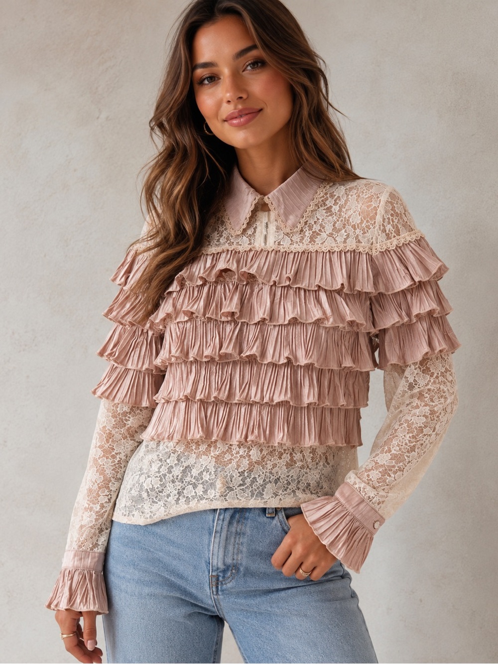 New POL Lace and Ruffle Blouse in Cream and Pink Salmon Size small